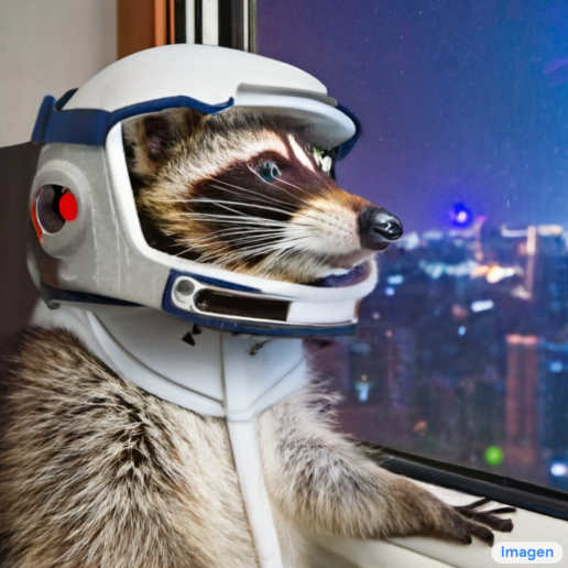 Imagen: A photo of a raccoon wearing an astronaut helmet, looking out of the window at night.